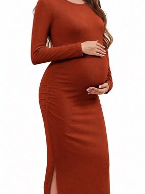 NWT Rust Ribbed Maternity Dress Small Side Slit Bodycon Midi
